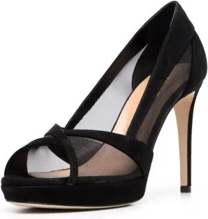 XYD Women's Peep Toe Pumps Transparent Mesh Slip On Soft Suede Stiletto Heels Sandals Casual Basic Dress Office Working Travel Shoes