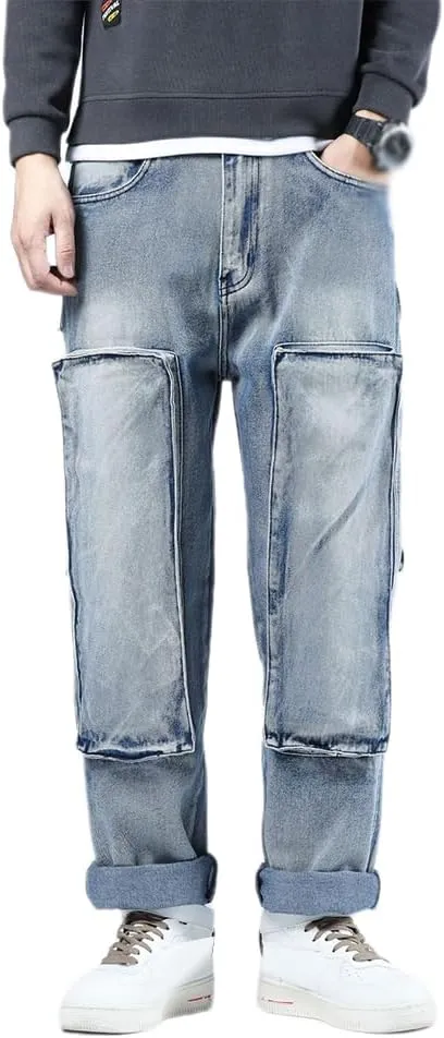 XYGJZ Mens Hip Hop Baggy Jeans Relaxed Fit Skater Cargo Denim Pants Multi-Pockets Motorcycle Pants