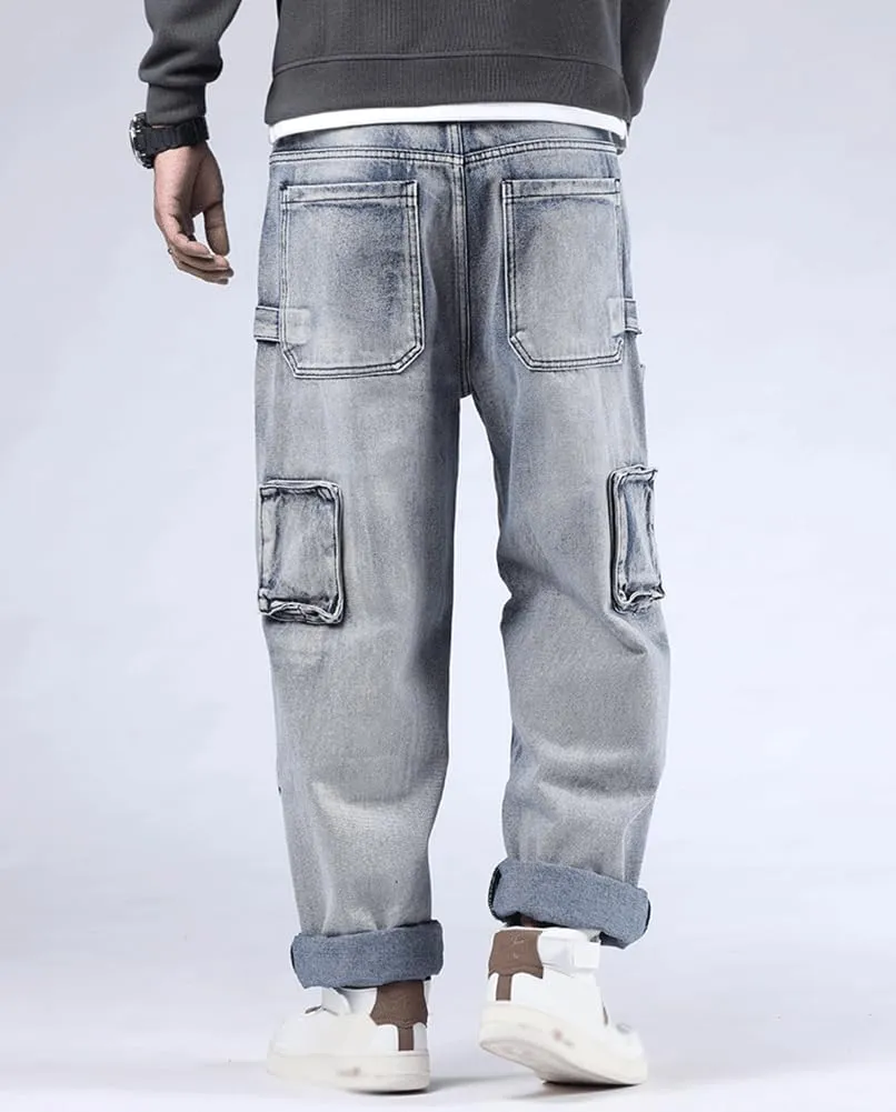XYGJZ Mens Hip Hop Baggy Jeans Relaxed Fit Skater Cargo Denim Pants Multi-Pockets Motorcycle Pants