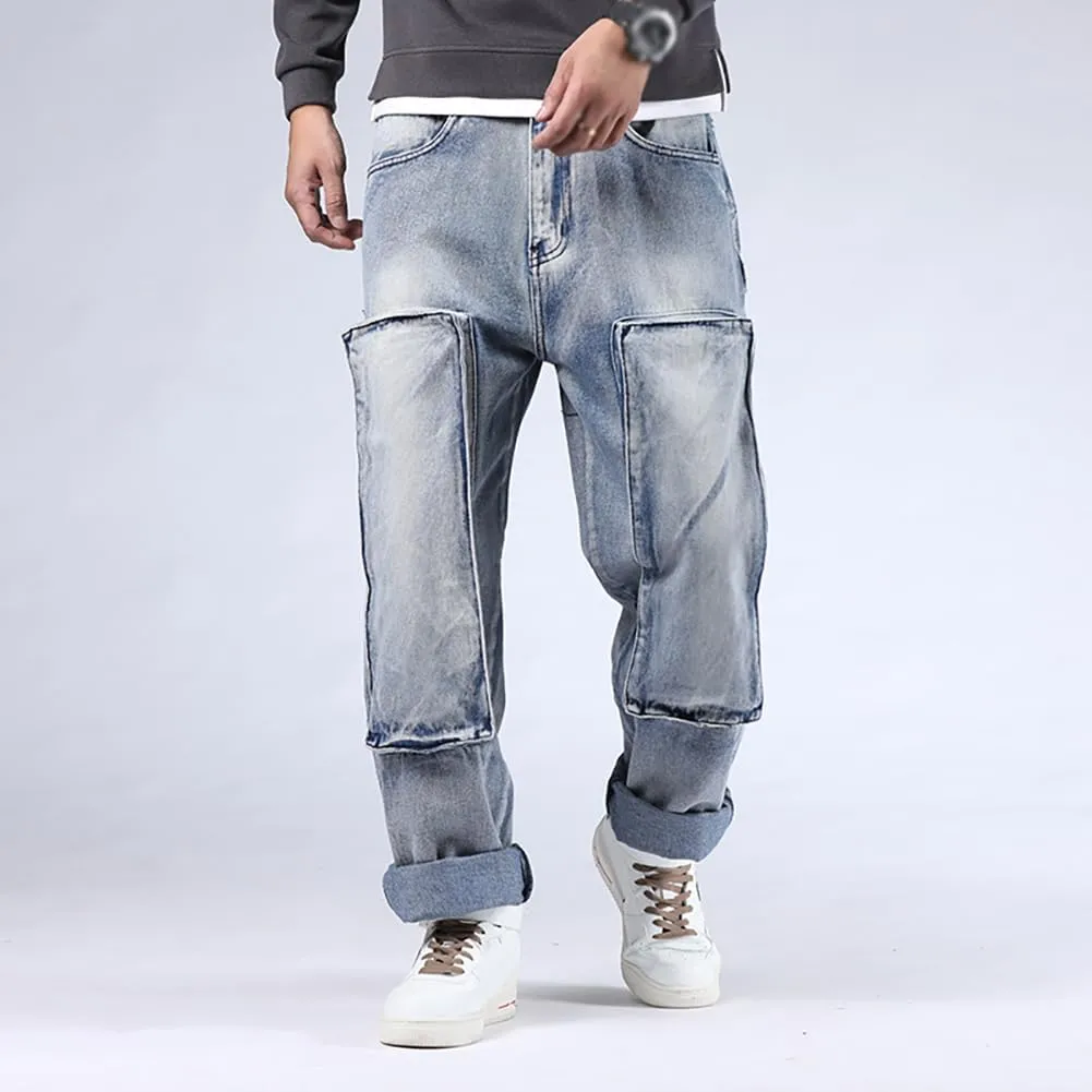 XYGJZ Mens Hip Hop Baggy Jeans Relaxed Fit Skater Cargo Denim Pants Multi-Pockets Motorcycle Pants