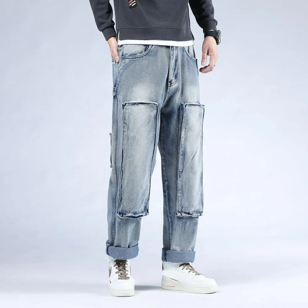 XYGJZ Mens Hip Hop Baggy Jeans Relaxed Fit Skater Cargo Denim Pants Multi-Pockets Motorcycle Pants