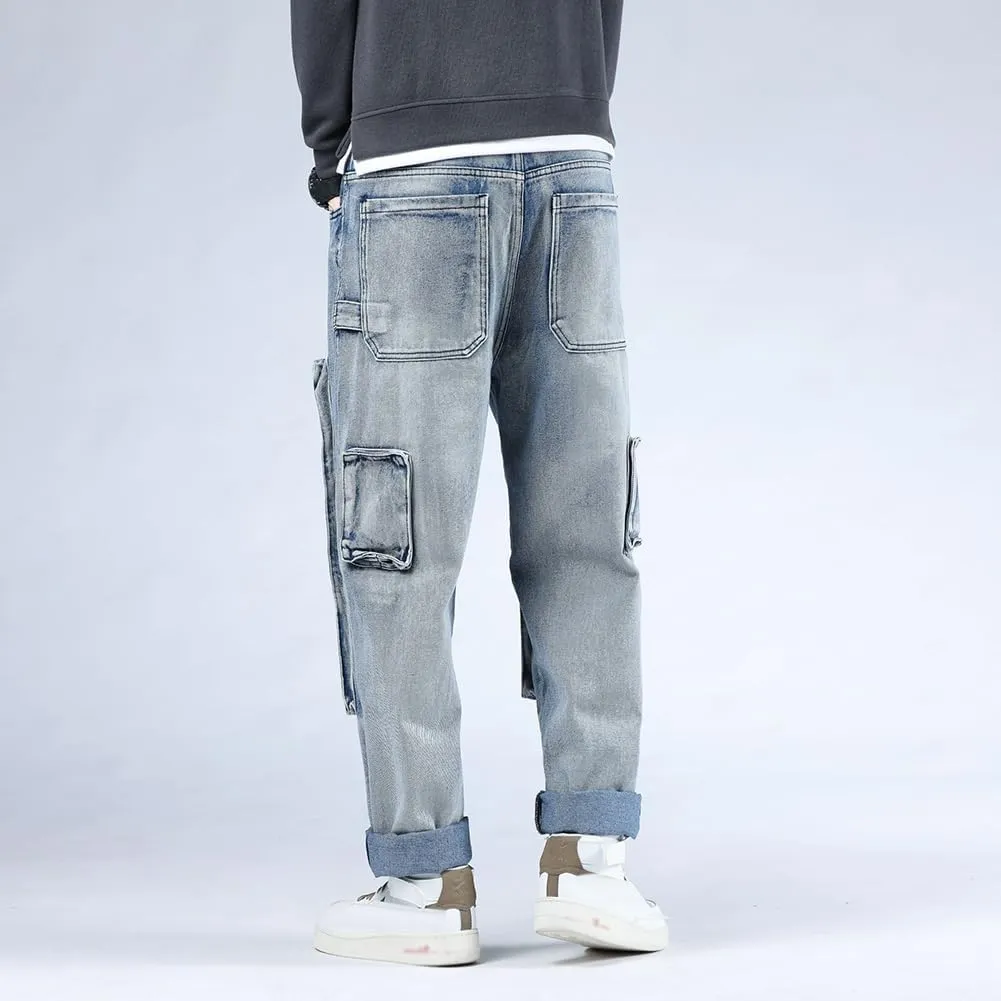 XYGJZ Mens Hip Hop Baggy Jeans Relaxed Fit Skater Cargo Denim Pants Multi-Pockets Motorcycle Pants