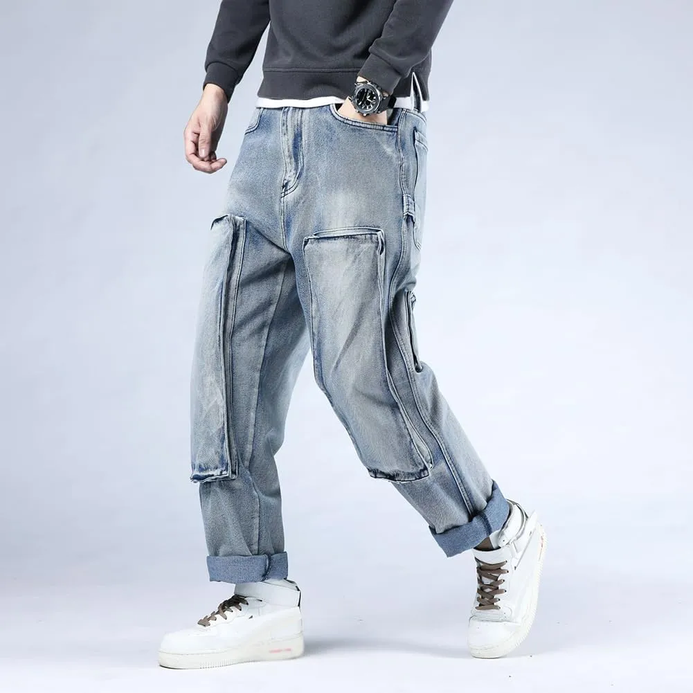 XYGJZ Mens Hip Hop Baggy Jeans Relaxed Fit Skater Cargo Denim Pants Multi-Pockets Motorcycle Pants