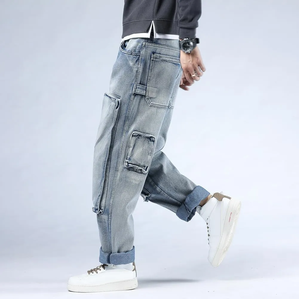 XYGJZ Mens Hip Hop Baggy Jeans Relaxed Fit Skater Cargo Denim Pants Multi-Pockets Motorcycle Pants