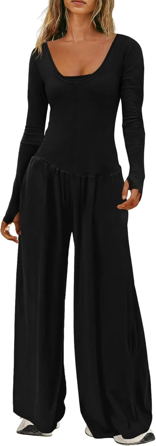 Yanekop Womens Overalls Loose Fit Long Sleeve Wide Leg Jumpsuit Dressy One Piece Casual Rompers Outfits Vacation Clothes