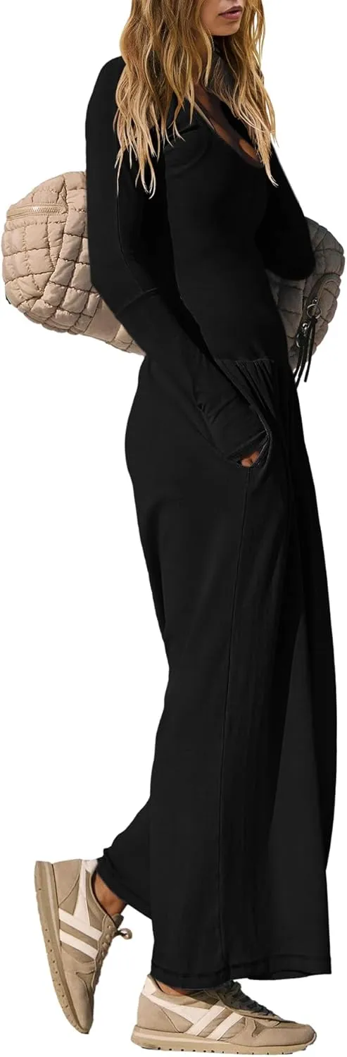 Yanekop Womens Overalls Loose Fit Long Sleeve Wide Leg Jumpsuit Dressy One Piece Casual Rompers Outfits Vacation Clothes