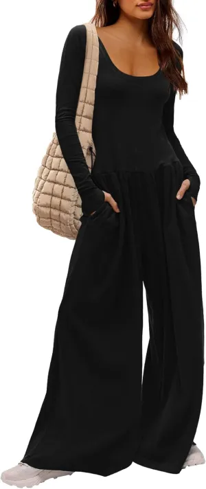 Yanekop Womens Overalls Loose Fit Long Sleeve Wide Leg Jumpsuit Dressy One Piece Casual Rompers Outfits Vacation Clothes