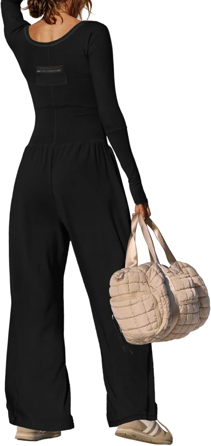 Yanekop Womens Overalls Loose Fit Long Sleeve Wide Leg Jumpsuit Dressy One Piece Casual Rompers Outfits Vacation Clothes