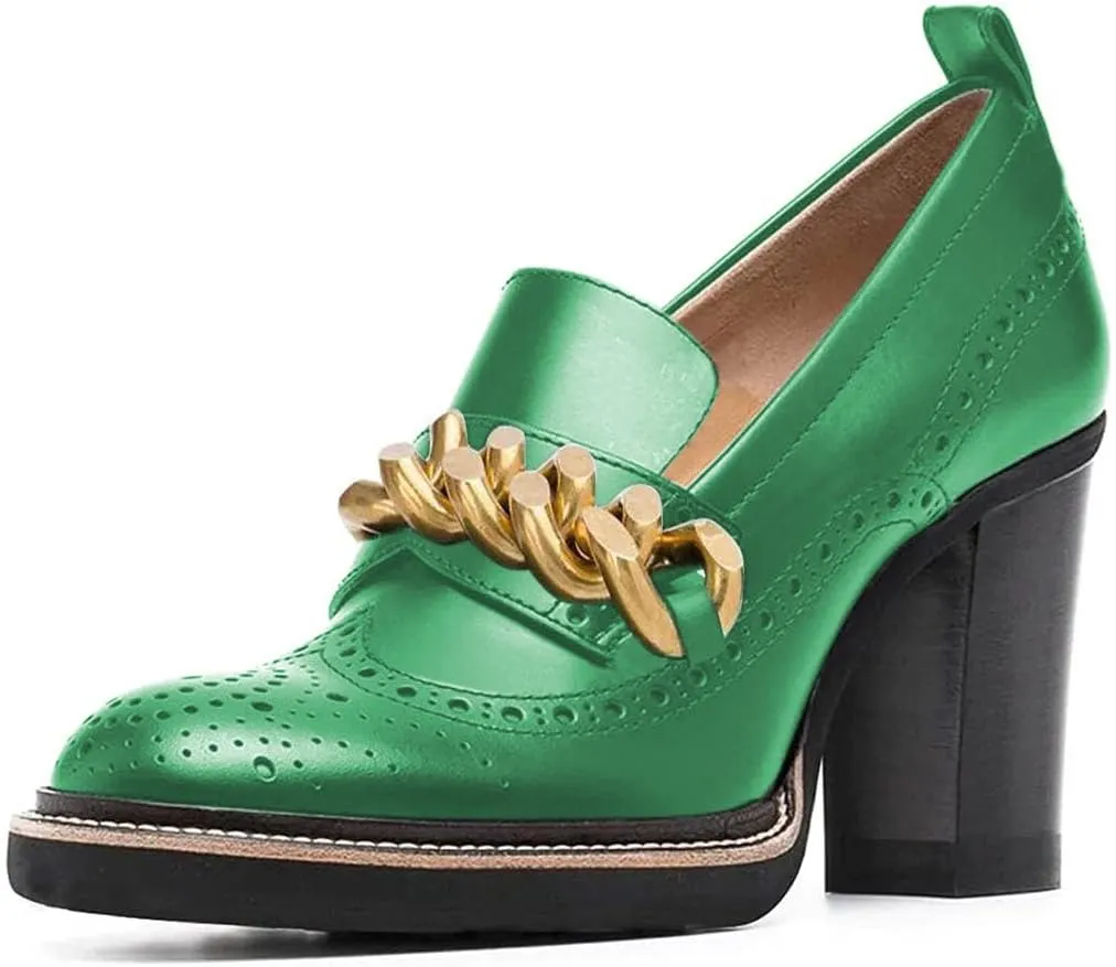 YDN Women Chunky High Heels Round Toe Oxford Chain Loafer Shoes Slip On Leather Office Work Pumps Size 4-16 US