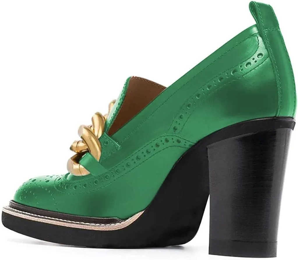 YDN Women Chunky High Heels Round Toe Oxford Chain Loafer Shoes Slip On Leather Office Work Pumps Size 4-16 US