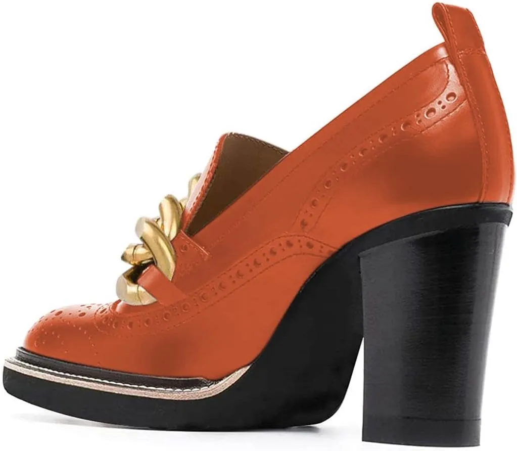 YDN Women Chunky High Heels Round Toe Oxford Chain Loafer Shoes Slip On Leather Office Work Pumps Size 4-16 US