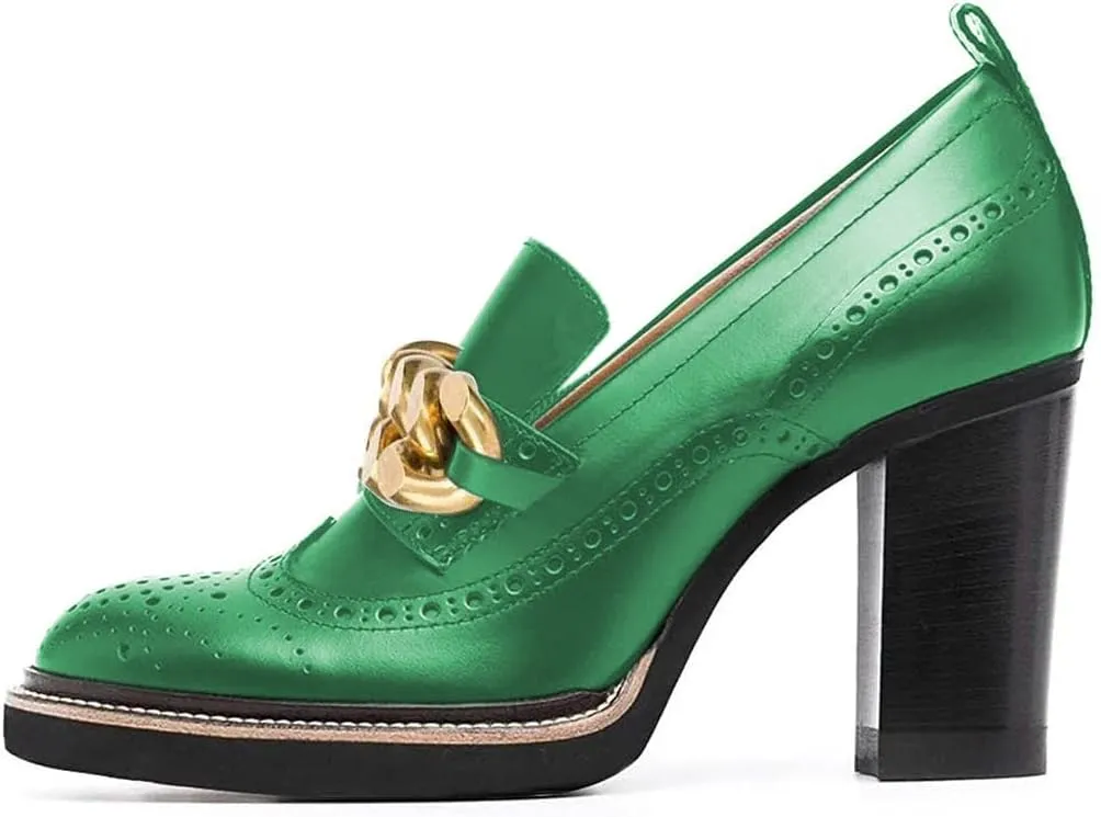 YDN Women Chunky High Heels Round Toe Oxford Chain Loafer Shoes Slip On Leather Office Work Pumps Size 4-16 US