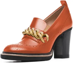 YDN Women Chunky High Heels Round Toe Oxford Chain Loafer Shoes Slip On Leather Office Work Pumps Size 4-16 US