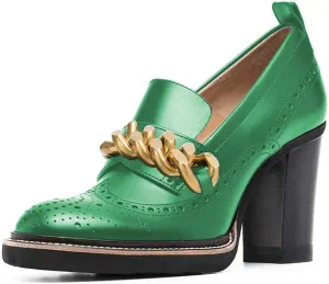 YDN Women Chunky High Heels Round Toe Oxford Chain Loafer Shoes Slip On Leather Office Work Pumps Size 4-16 US