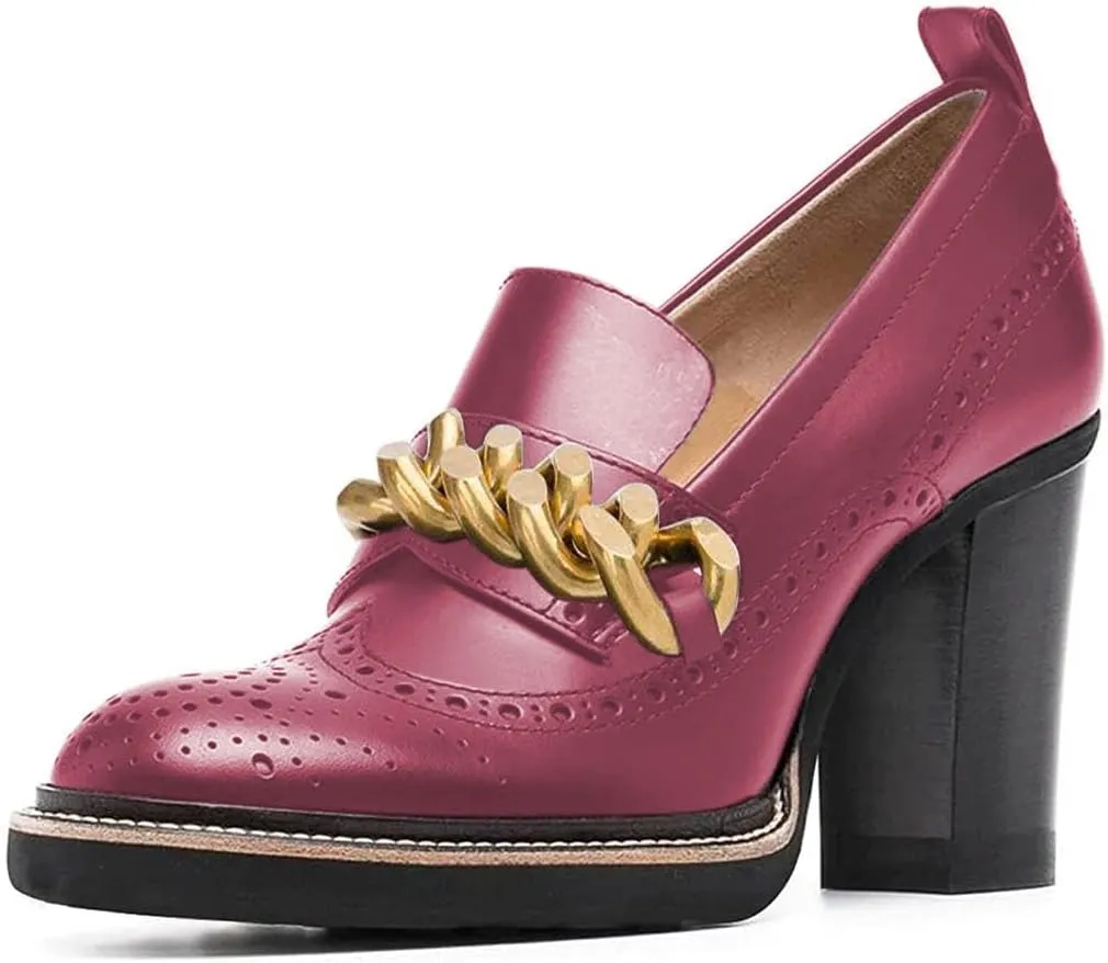 YDN Women Chunky High Heels Round Toe Oxford Chain Loafer Shoes Slip On Leather Office Work Pumps Size 4-16 US