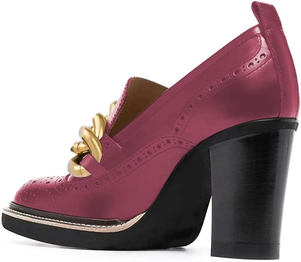 YDN Women Chunky High Heels Round Toe Oxford Chain Loafer Shoes Slip On Leather Office Work Pumps Size 4-16 US