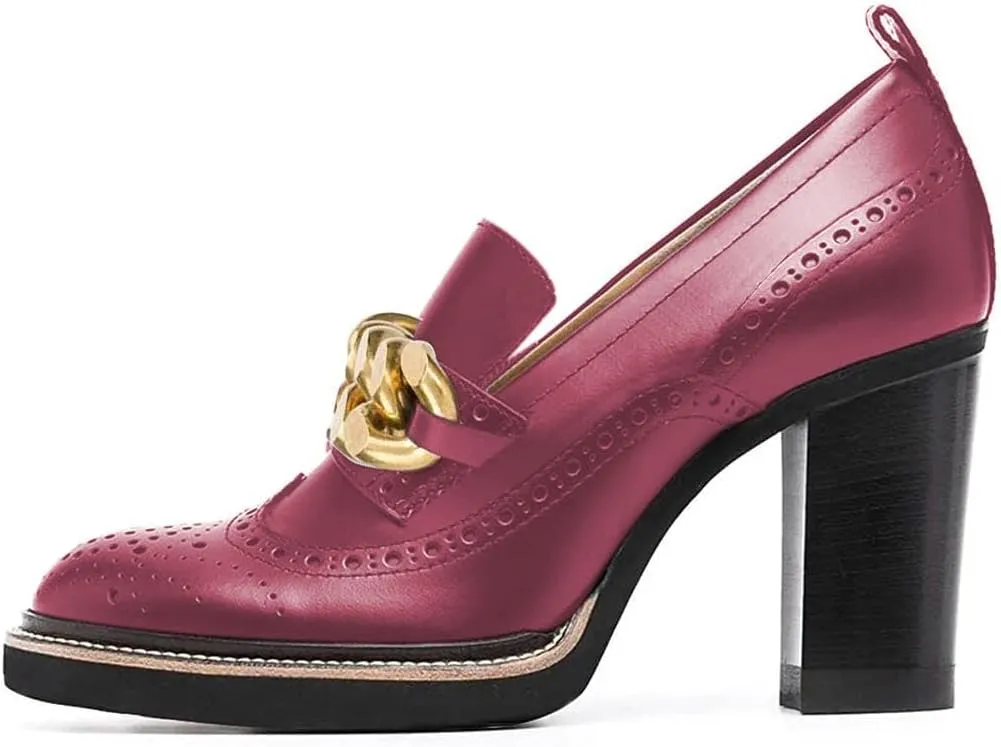 YDN Women Chunky High Heels Round Toe Oxford Chain Loafer Shoes Slip On Leather Office Work Pumps Size 4-16 US