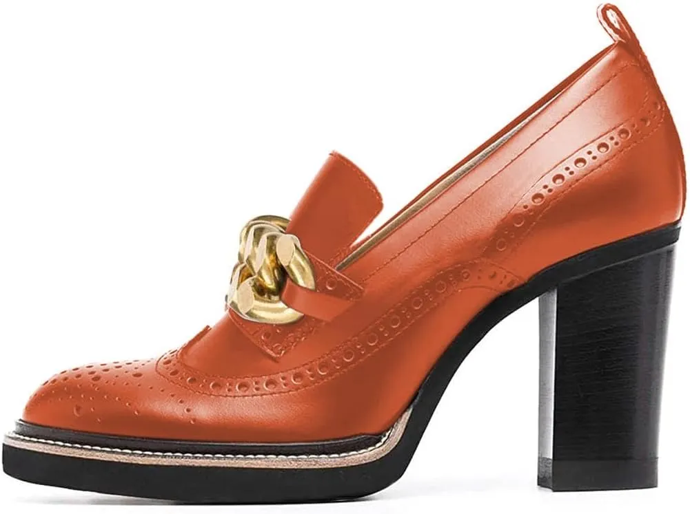 YDN Women Chunky High Heels Round Toe Oxford Chain Loafer Shoes Slip On Leather Office Work Pumps Size 4-16 US