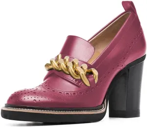 YDN Women Chunky High Heels Round Toe Oxford Chain Loafer Shoes Slip On Leather Office Work Pumps Size 4-16 US