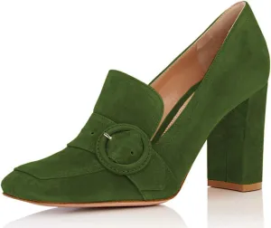 YDN Women Chunky High Heels Square Toe Loafers Shoes Slip On Suede Office Pumps Buckle Size 4-15 US