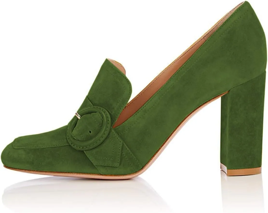 YDN Women Chunky High Heels Square Toe Loafers Shoes Slip On Suede Office Pumps Buckle Size 4-15 US