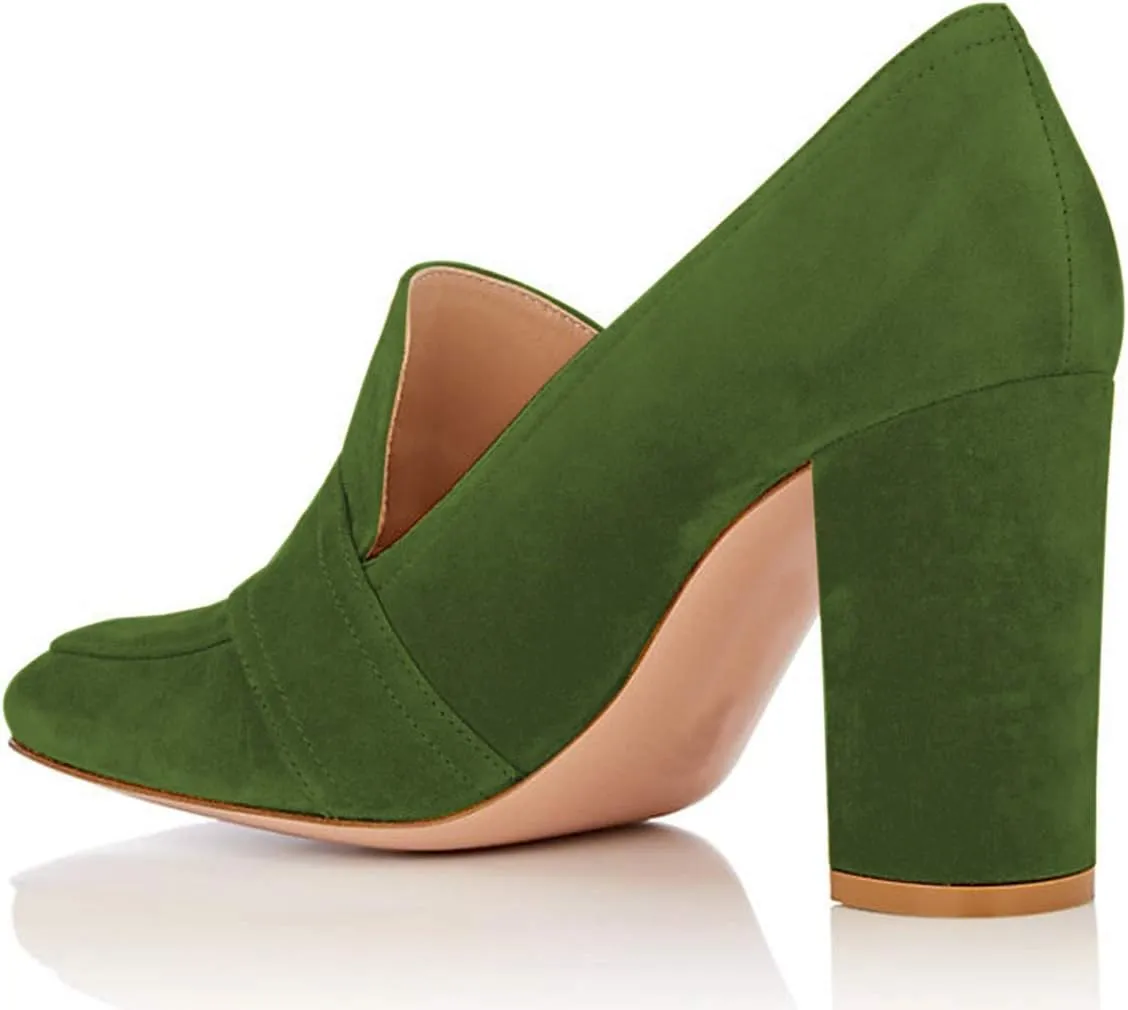 YDN Women Chunky High Heels Square Toe Loafers Shoes Slip On Suede Office Pumps Buckle Size 4-15 US