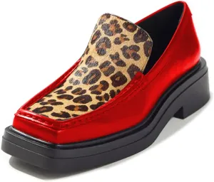YDN Women Square Toe Platform Penny Loafers Block Chunky Heel Pumps Slip on Contrast Sititching Work Office Shoes Size 4-15 US