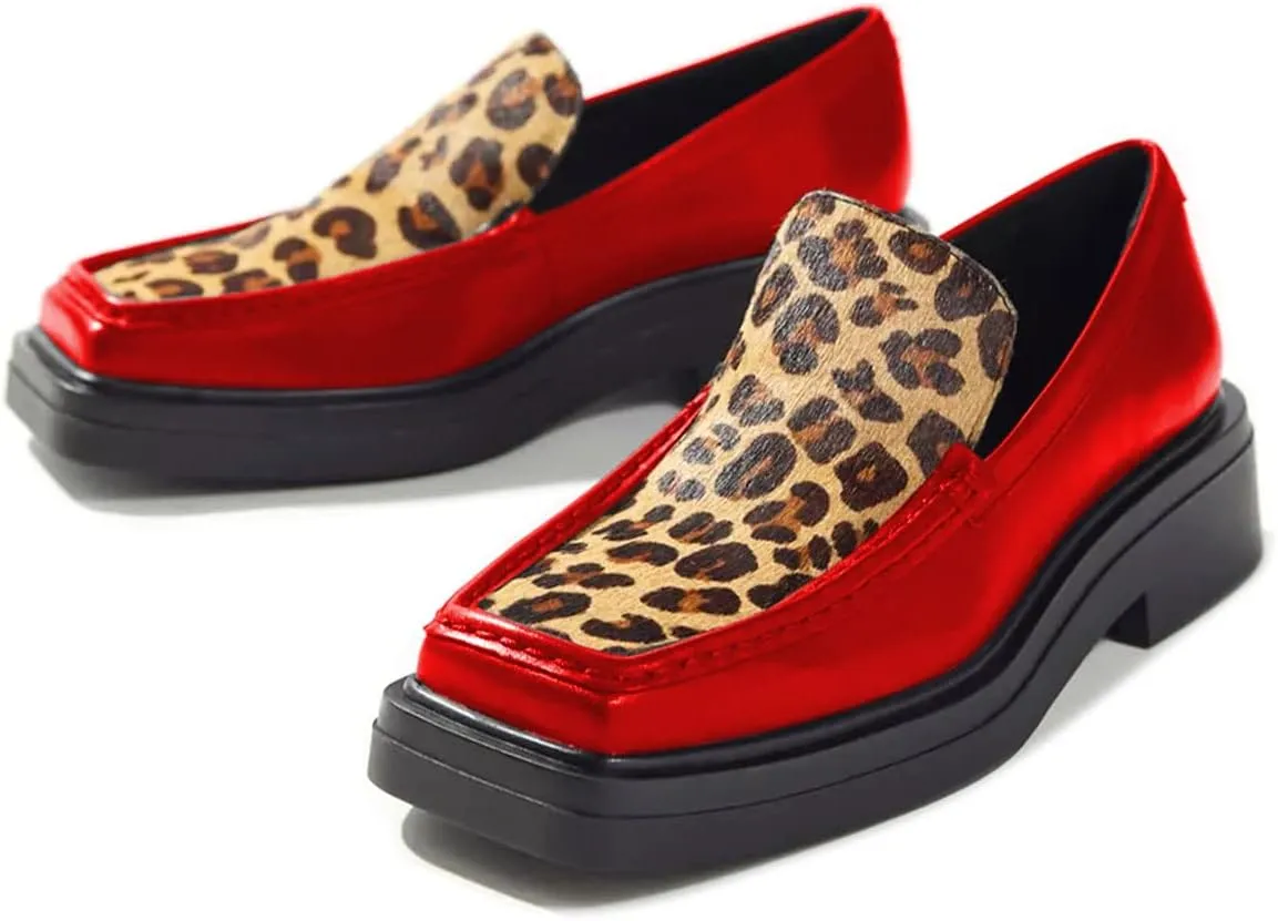 YDN Women Square Toe Platform Penny Loafers Block Chunky Heel Pumps Slip on Contrast Sititching Work Office Shoes Size 4-15 US