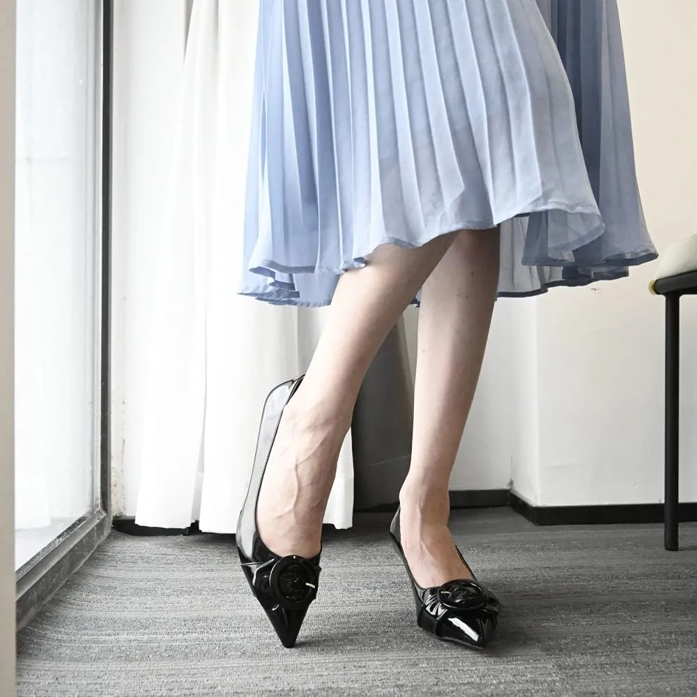 YDN Women's Elegance Low Kitten Heel Pumps Pointy Toe Slip On Patent Buckle Basic Office Dress Shoe Size 4-15 US
