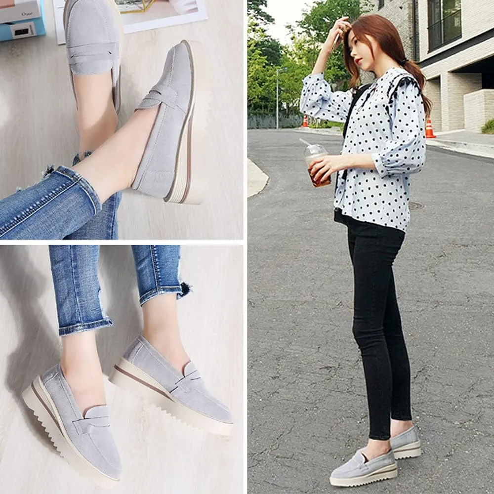 YING LAN Women Platform Slip On Loafers Comfort Suede Moccasins Wide Low Top Wedge Casual Shoes