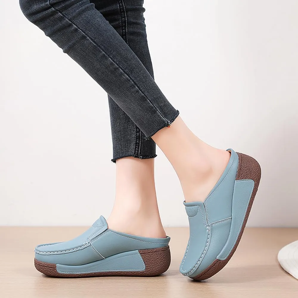 YING LAN Women Slip On Loafers Comfort Leather Wide Low Top Casual Platform Shoes