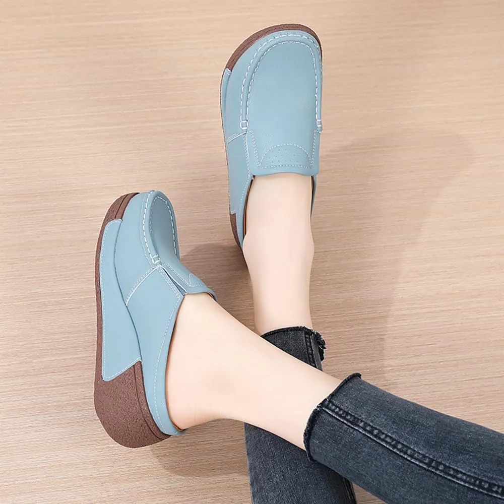 YING LAN Women Slip On Loafers Comfort Leather Wide Low Top Casual Platform Shoes