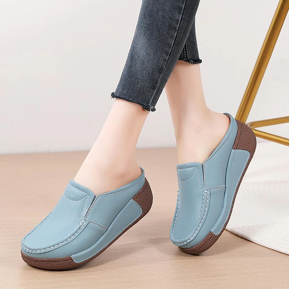 YING LAN Women Slip On Loafers Comfort Leather Wide Low Top Casual Platform Shoes
