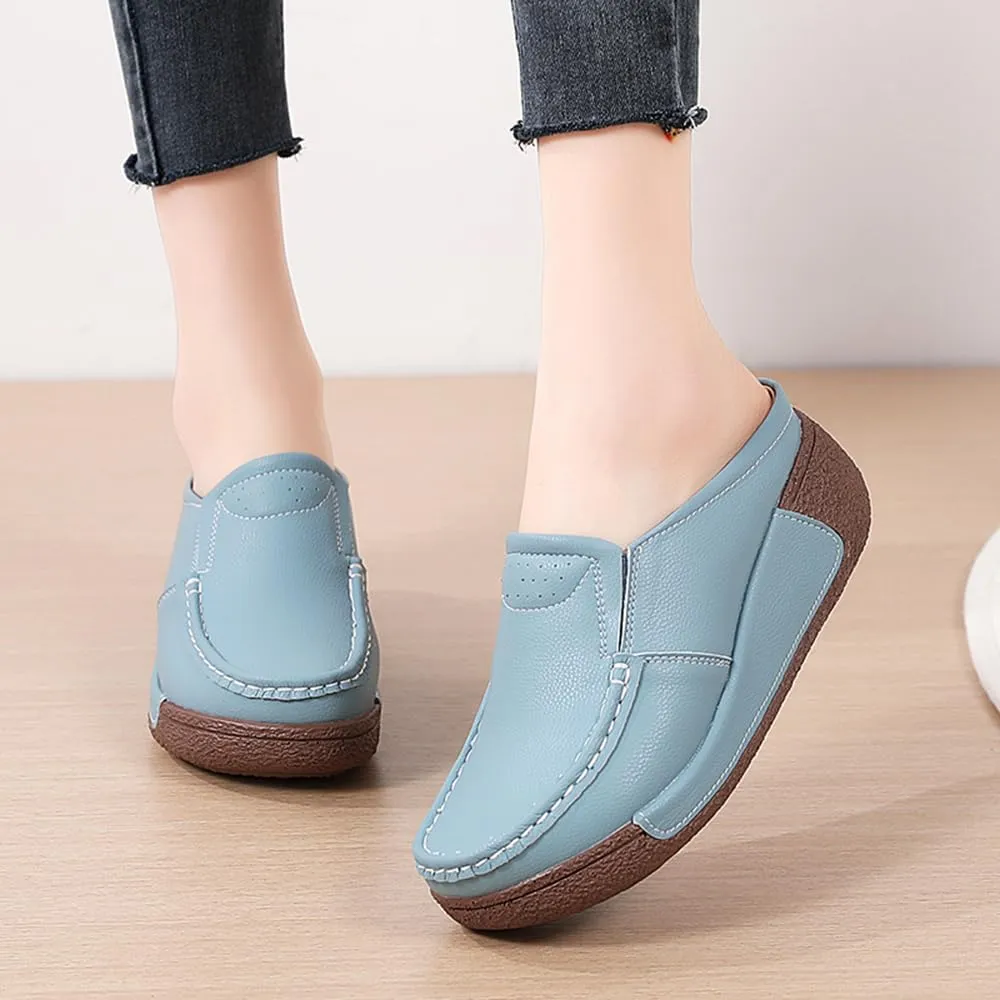 YING LAN Women Slip On Loafers Comfort Leather Wide Low Top Casual Platform Shoes