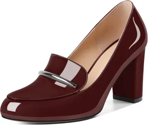YODEKS Chunky Heels for Women Round Toe Block High Heels Slip on Pumps Loafers 3.5 Inch Closed Toe Shoes