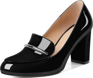 YODEKS Chunky Heels for Women Round Toe Block High Heels Slip on Pumps Loafers 3.5 Inch Closed Toe Shoes