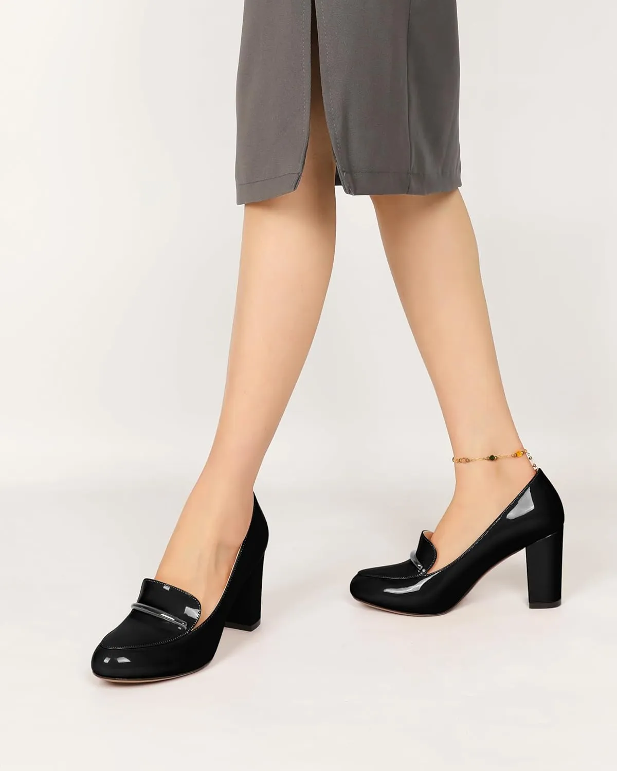 YODEKS Chunky Heels for Women Round Toe Block High Heels Slip on Pumps Loafers 3.5 Inch Closed Toe Shoes