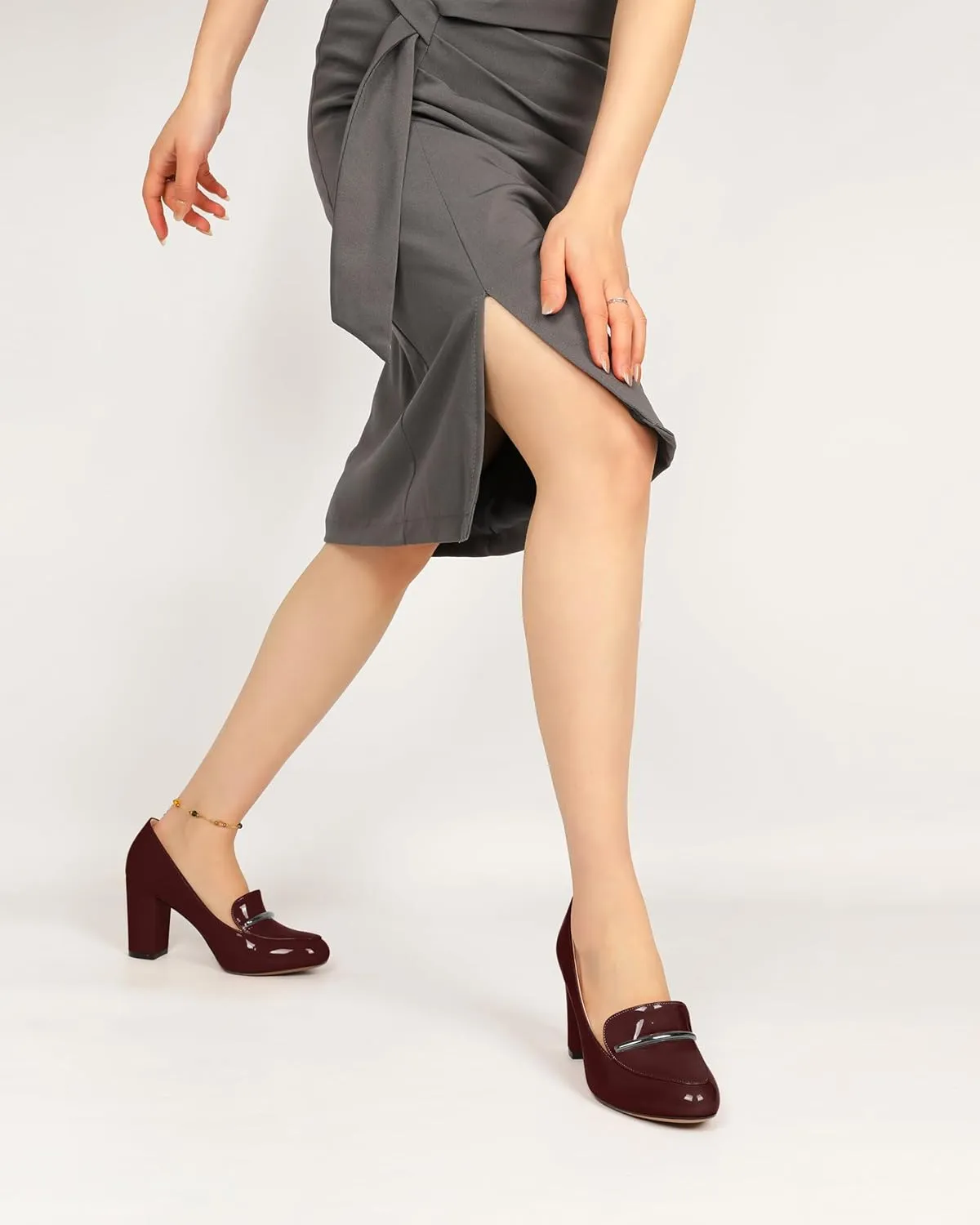 YODEKS Chunky Heels for Women Round Toe Block High Heels Slip on Pumps Loafers 3.5 Inch Closed Toe Shoes