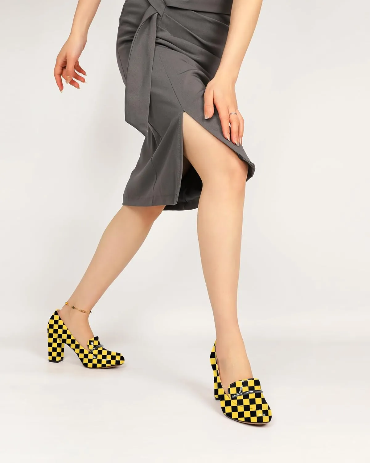 YODEKS Chunky Heels for Women Round Toe Block High Heels Slip on Pumps Loafers 3.5 Inch Closed Toe Shoes