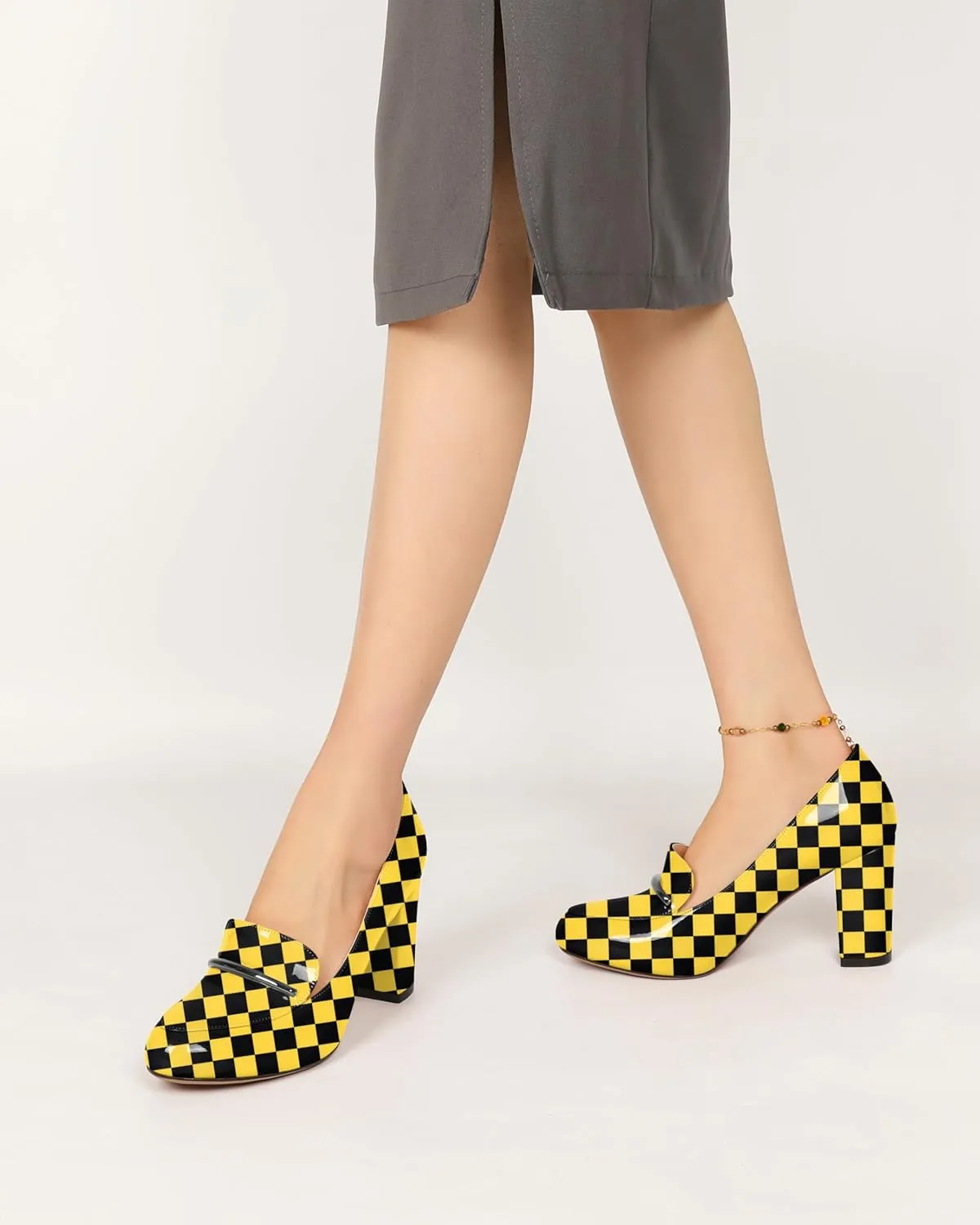 YODEKS Chunky Heels for Women Round Toe Block High Heels Slip on Pumps Loafers 3.5 Inch Closed Toe Shoes