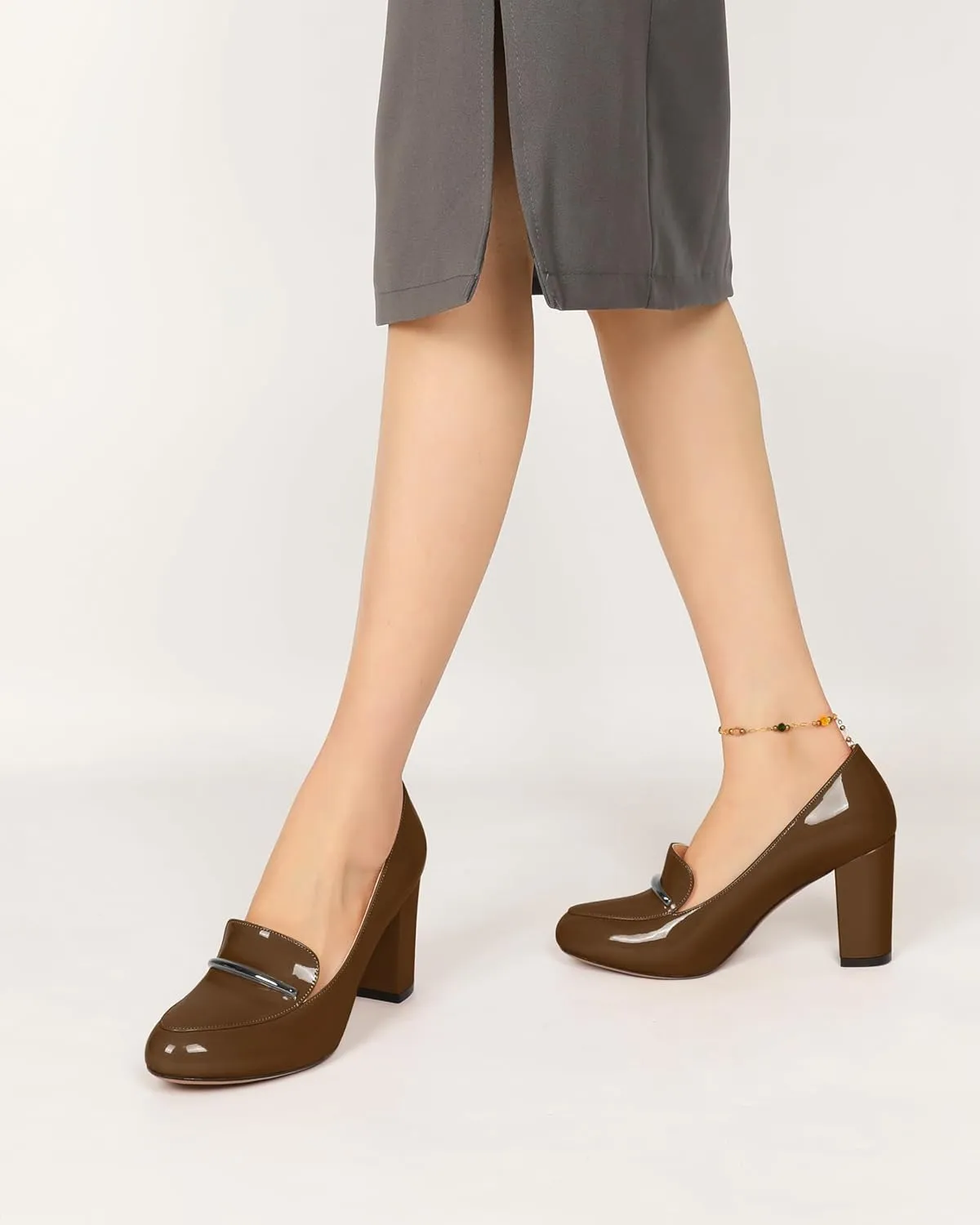 YODEKS Chunky Heels for Women Round Toe Block High Heels Slip on Pumps Loafers 3.5 Inch Closed Toe Shoes