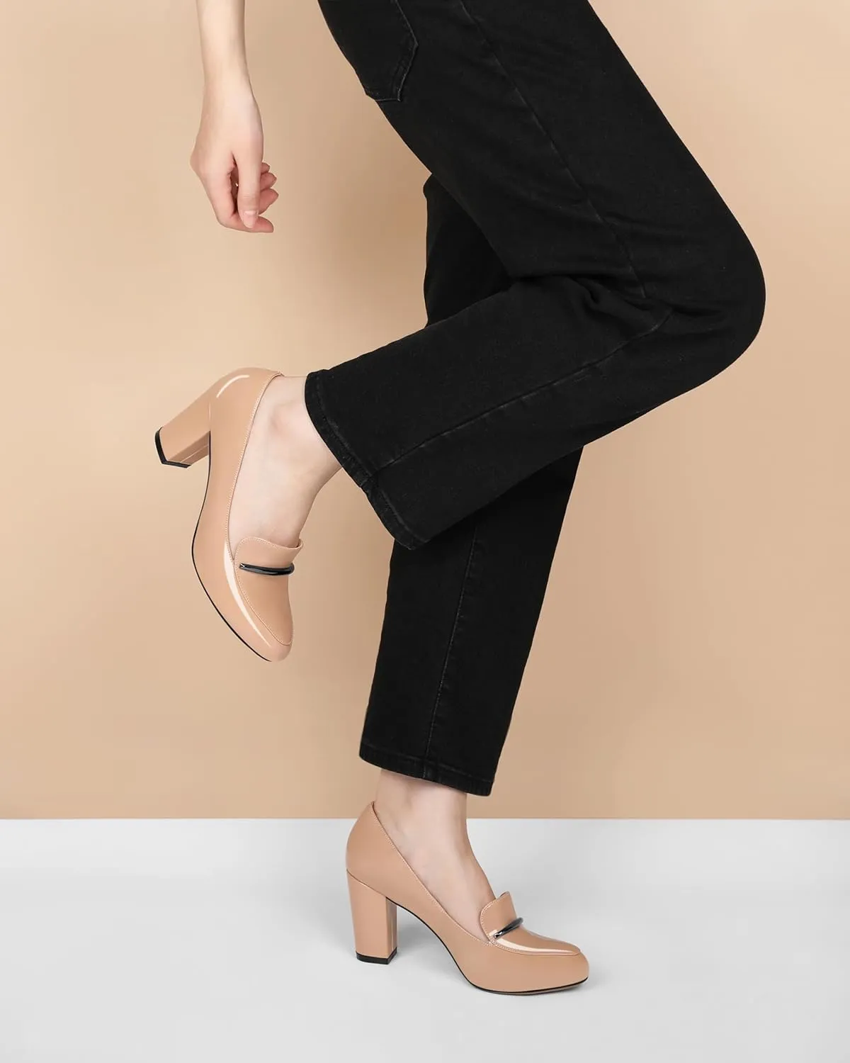 YODEKS Chunky Heels for Women Round Toe Block High Heels Slip on Pumps Loafers 3.5 Inch Closed Toe Shoes