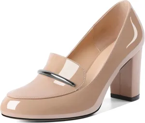 YODEKS Chunky Heels for Women Round Toe Block High Heels Slip on Pumps Loafers 3.5 Inch Closed Toe Shoes