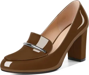 YODEKS Chunky Heels for Women Round Toe Block High Heels Slip on Pumps Loafers 3.5 Inch Closed Toe Shoes