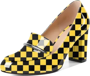 YODEKS Chunky Heels for Women Round Toe Block High Heels Slip on Pumps Loafers 3.5 Inch Closed Toe Shoes