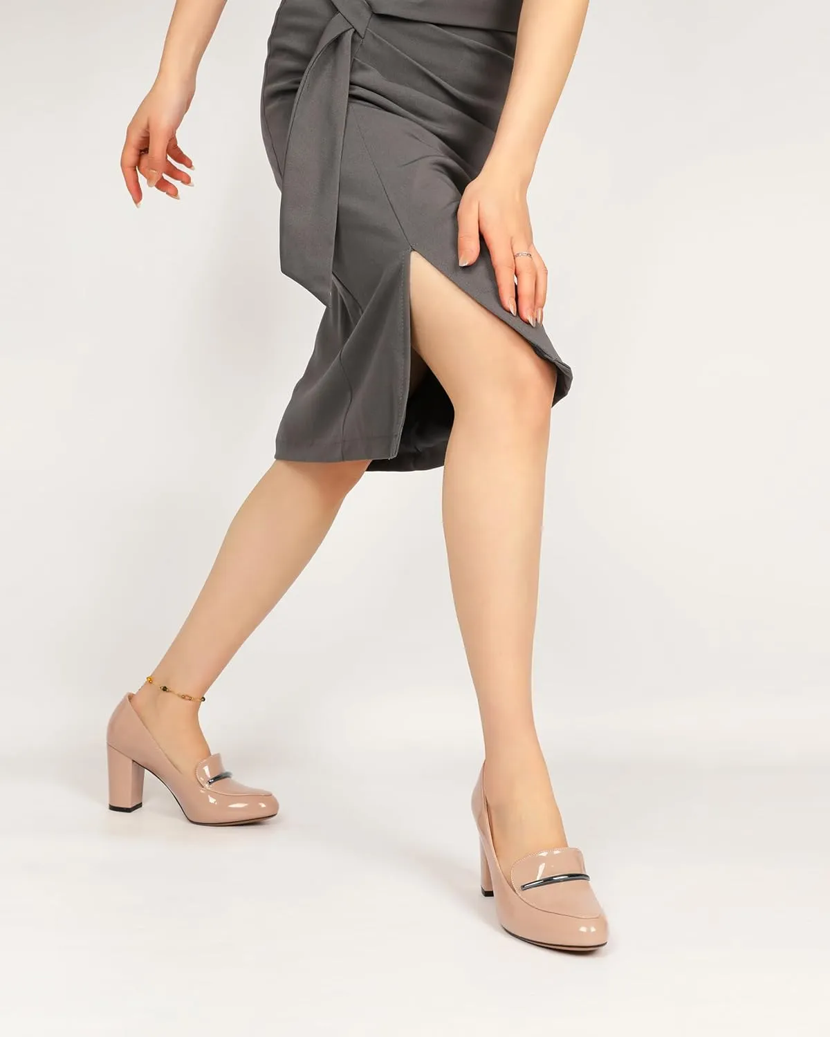 YODEKS Chunky Heels for Women Round Toe Block High Heels Slip on Pumps Loafers 3.5 Inch Closed Toe Shoes