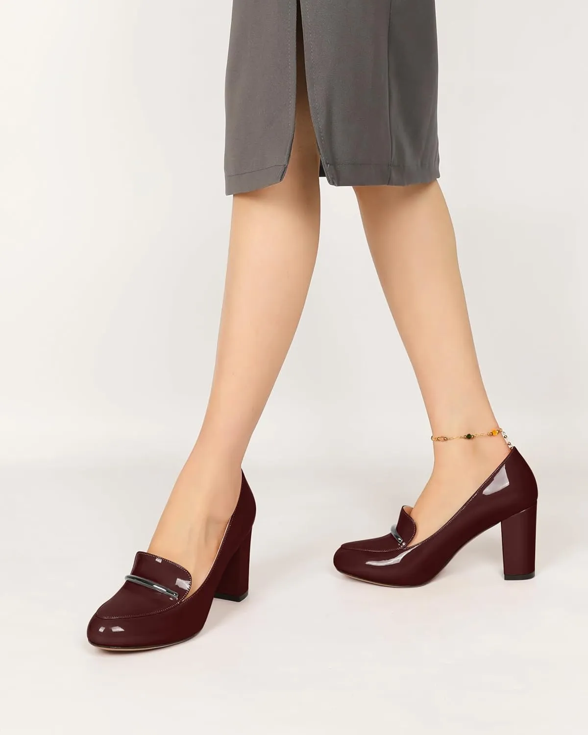 YODEKS Chunky Heels for Women Round Toe Block High Heels Slip on Pumps Loafers 3.5 Inch Closed Toe Shoes