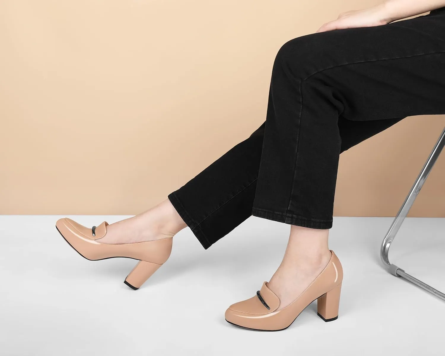 YODEKS Chunky Heels for Women Round Toe Block High Heels Slip on Pumps Loafers 3.5 Inch Closed Toe Shoes