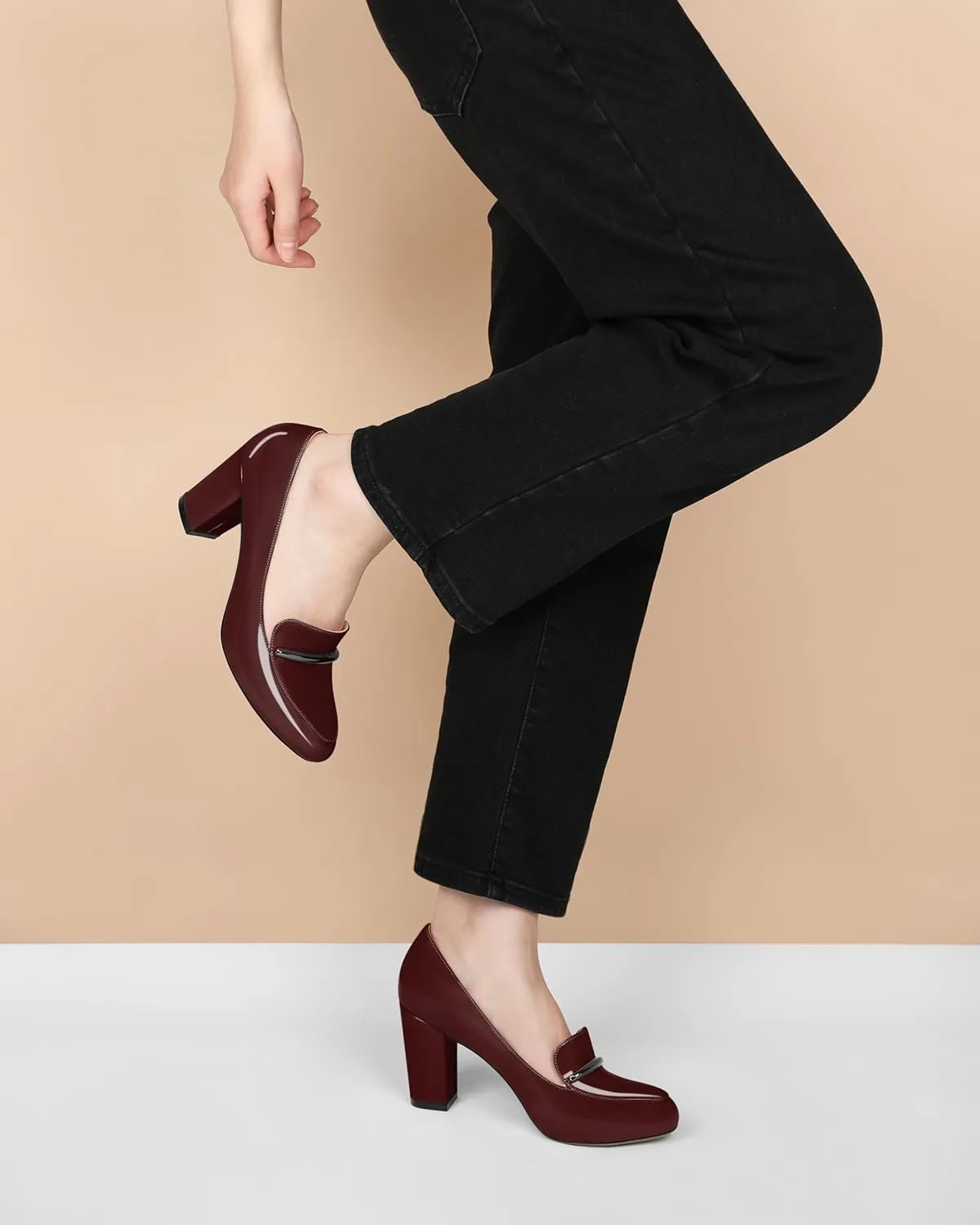 YODEKS Chunky Heels for Women Round Toe Block High Heels Slip on Pumps Loafers 3.5 Inch Closed Toe Shoes