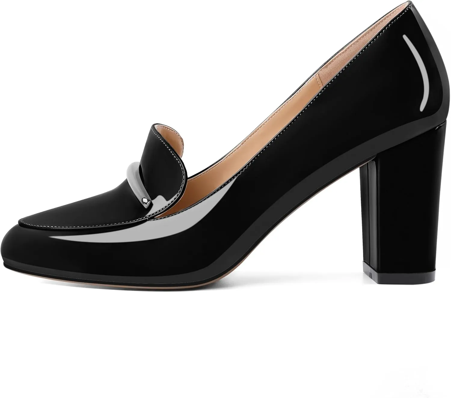 YODEKS Chunky Heels for Women Round Toe Block High Heels Slip on Pumps Loafers 3.5 Inch Closed Toe Shoes